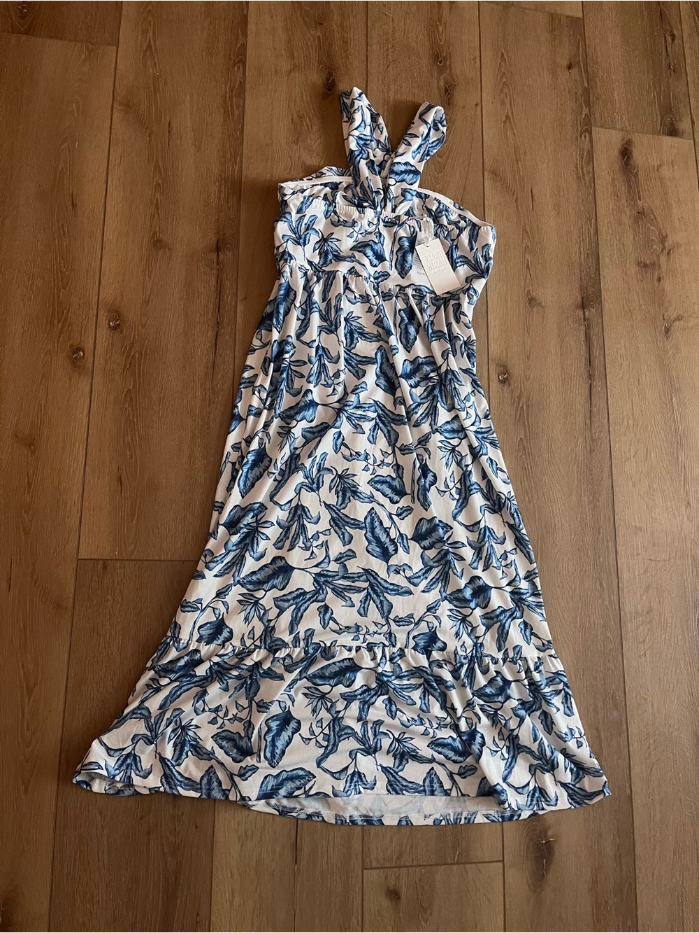Grace Karin White Strapless Maxi Dress with Blue Floral Print (Size L) - Picture 4 of 6